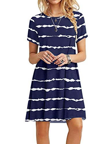 MOLERANI Damen Sommerkleider Casual T-Shirt Kurzarm Strandkleid Loose Swing Damen Kleid (M, Marineblau gewellt gestreift) von MOLERANI