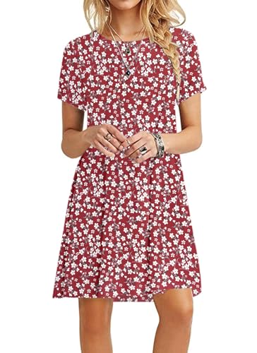 MOLERANI Damen Sommerkleider Casual T-Shirt Kurzarm Strandkleid Loose Swing Damen Kleid (M, Rote Blume) von MOLERANI