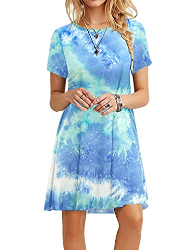 MOLERANI Damen Sommerkleider Casual T-Shirt Kurzarm Strandkleid Loose Swing Damen Kleid (XL, Blau grün gefärbt) von MOLERANI