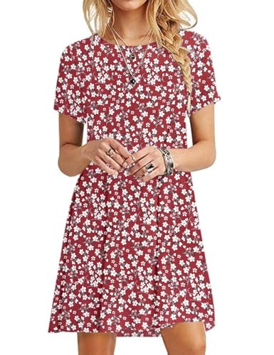 MOLERANI Damen Sommerkleider Casual T-Shirt Kurzarm Strandkleid Loose Swing Damenkleid Rote Blume XL von MOLERANI