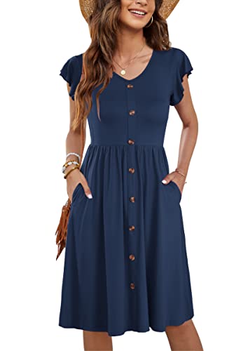 MOLERANI Damen Sommerkleider Rüschen Ärmel V-Ausschnitt Casual Button-Down Taille Midi Kleid mit Taschen Plain Marineblau M von MOLERANI