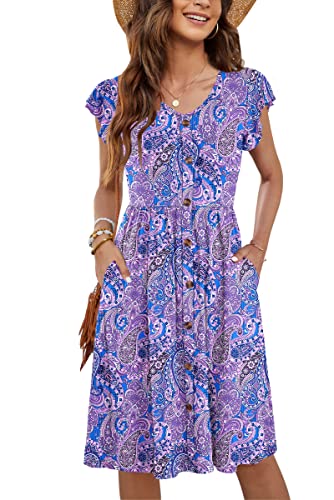 MOLERANI Damen Sommerkleider Rüschen Ärmel V-Ausschnitt Casual Swing Elastische Taille Midi Kleid mit Taschen Pure Paisley Floral Lila XL von MOLERANI