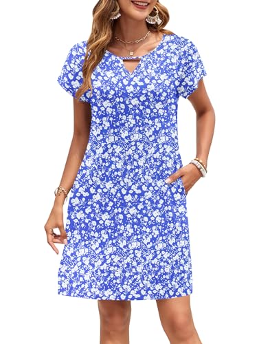 MOLERANI Damen Sommerkleider T-Shirt Kurzarm Locker Strandkleid V-Ausschnitt Casual Kleider mit Taschen Blau Weiße Blume S von MOLERANI