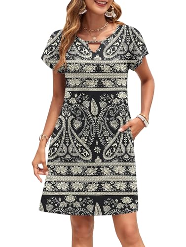 MOLERANI Damen Sommerkleider T-Shirt Kurzarm Locker Strandkleid V-Ausschnitt Casual Kleider mit Taschen Boho Floral Schwarz S von MOLERANI