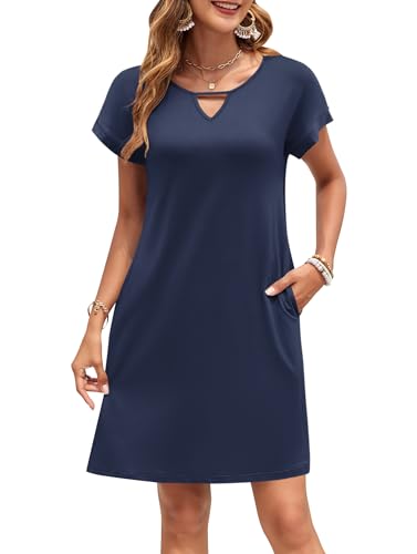 MOLERANI Damen Sommerkleider T-Shirt Kurzarm Locker Strandkleid V-Ausschnitt Casual Kleider mit Taschen Marineblau S von MOLERANI