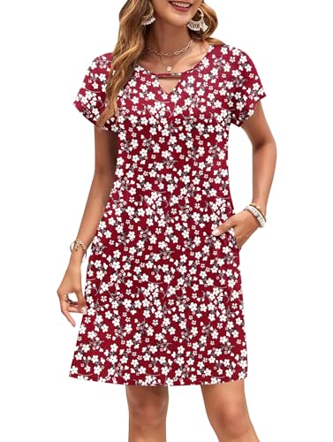 MOLERANI Damen Sommerkleider T-Shirt Kurzarm Locker Strandkleid V-Ausschnitt Casual Kleider mit Taschen Rote Blume M von MOLERANI