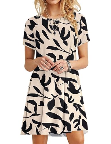 MOLERANI Damen Sommerkleider T-Shirt Kurzarm Strandkleid Casual Loose Swing Damenkleid Aprikose Blatt L von MOLERANI