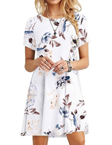 MOLERANI Damen Sommerkleider T-Shirt Kurzarm Strandkleid Casual Loose Swing Damenkleid Floral Weiß S von MOLERANI