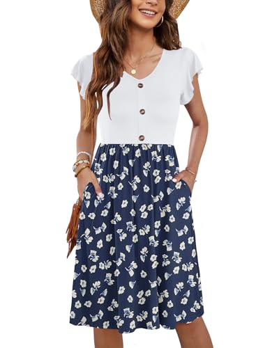 MOLERANI Damen Sommerklieid Rüschen Ärmel Freizeitkleid Elegant V-Ausschnitt Midikleid Casual Strandkleid Damen Knielang mit Taschen Floral Marineblau Weiß 2XL von MOLERANI