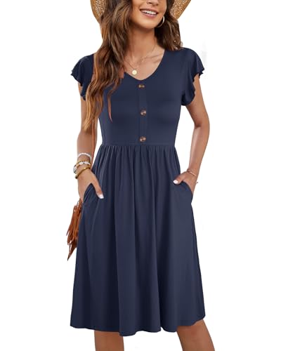 MOLERANI Damen Sommerklieid Rüschen Ärmel Freizeitkleid Elegant V-Ausschnitt Midikleid Casual Strandkleid Damen Knielang mit Taschen Marineblau 2XL von MOLERANI