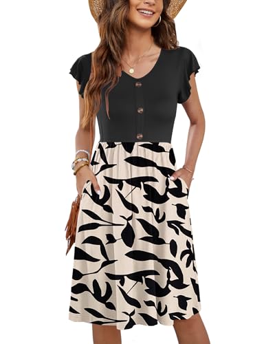 MOLERANI Damen Sommerklieid Rüschen Ärmel Freizeitkleid Elegant V-Ausschnitt Midikleid Casual Strandkleid Damen Knielang mit Taschen Aprikose Blatt L von MOLERANI