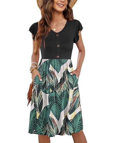 MOLERANI Damen Sommerklieid Rüschen Ärmel Freizeitkleid Elegant V-Ausschnitt Midikleid Casual Strandkleid Damen Knielang mit Taschen Blattdruck M von MOLERANI
