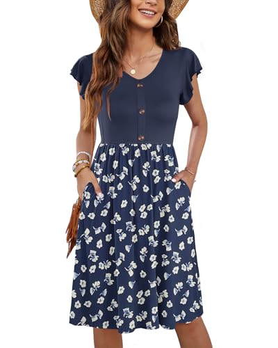MOLERANI Damen Sommerklieid Rüschen Ärmel Freizeitkleid Elegant V-Ausschnitt Midikleid Casual Strandkleid Damen Knielang mit Taschen Floral Marineblau S von MOLERANI