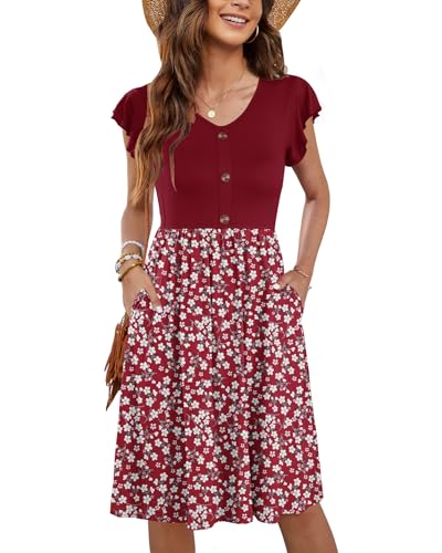 MOLERANI Damen Sommerklieid Rüschen Ärmel Freizeitkleid Elegant V-Ausschnitt Midikleid Casual Strandkleid Damen Knielang mit Taschen Floral Rot 2XL von MOLERANI