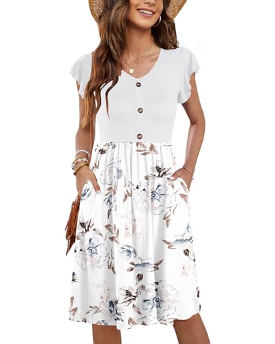 MOLERANI Damen Sommerklieid Rüschen Ärmel Freizeitkleid Elegant V-Ausschnitt Midikleid Casual Strandkleid Damen Knielang mit Taschen Floral Weiß S von MOLERANI