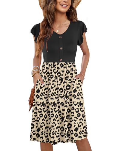 MOLERANI Damen Sommerklieid Rüschen Ärmel Freizeitkleid Elegant V-Ausschnitt Midikleid Casual Strandkleid Damen Knielang mit Taschen Leopard L von MOLERANI