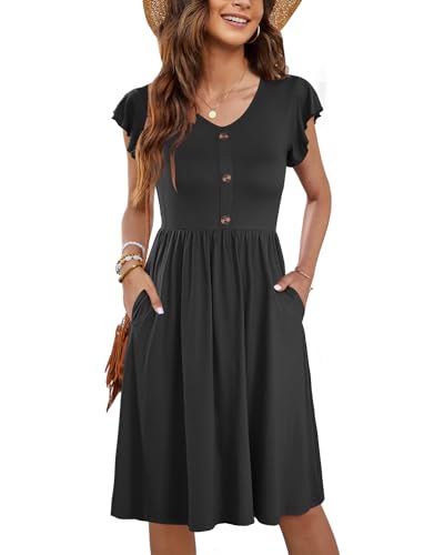 MOLERANI Damen Sommerklieid Rüschen Ärmel Freizeitkleid Elegant V-Ausschnitt Midikleid Casual Strandkleid Damen Knielang mit Taschen Schwarz L von MOLERANI