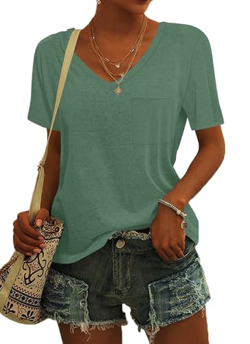 MOLERANI Damen T-Shirts Kurzarm Sommer Tops V-Ausschnitt Mode Blusen Grün 2XL von MOLERANI