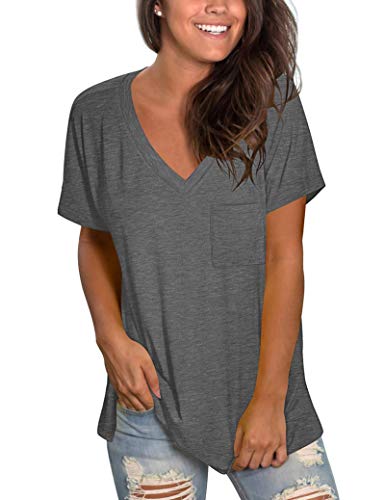 MOLERANI Damen T-Shirts Kurzarm T-Shirts mit V-Ausschnitt Sommerblusen mit Tasche Grau M. von MOLERANI