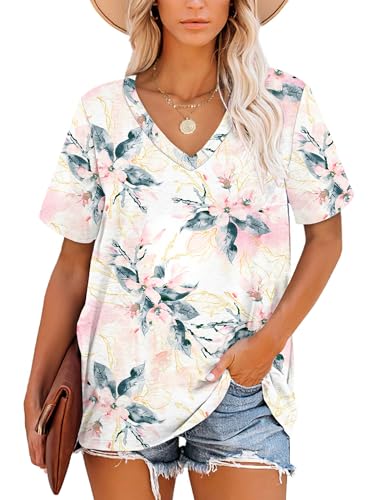 MOLERANI Damen T-Shirts Kurzarm V-Ausschnitt Gestreifte Sommer Tops Casual Lose T-Shirt(Floral White Pink,2XL) von MOLERANI