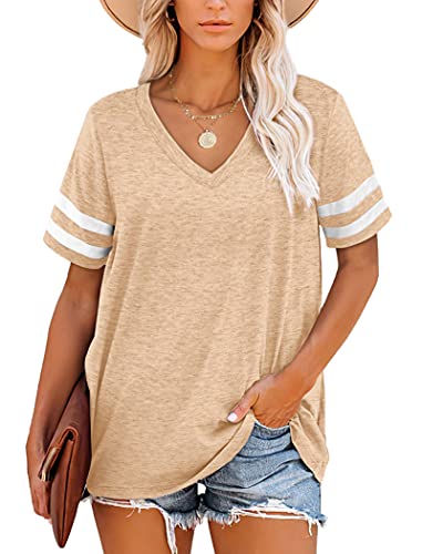 MOLERANI Damen T Shirts Kurzarm V-Ausschnitt Gestreifte Sommer Tops Casual Lose T-Shirt AprikoseXL von MOLERANI