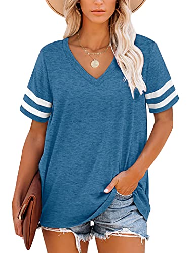 MOLERANI Damen T-Shirts Kurzarm V-Ausschnitt Gestreifte Sommer Tops Casual Lose T-Shirt Blau S von MOLERANI