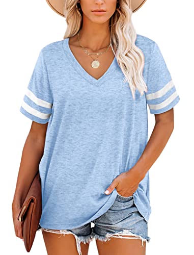 MOLERANI Damen T Shirts Kurzarm V-Ausschnitt Gestreifte Sommer Tops Casual Lose T-Shirt Himmelblau XL von MOLERANI