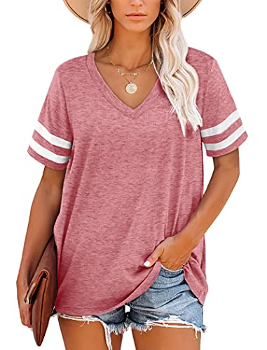 MOLERANI Damen T Shirts Kurzarm V-Ausschnitt Gestreifte Sommer Tops Casual Lose T-Shirt Rosa XL von MOLERANI