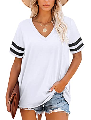 MOLERANI Damen T Shirts Kurzarm V-Ausschnitt Gestreifte Sommer Tops Casual Lose T-Shirt Weiß XL von MOLERANI