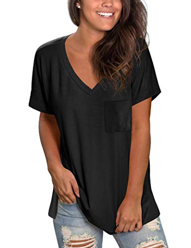 MOLERANI Damen T-Shirts Kurzarm V-Ausschnitt Lose Sommer T-Shirts Basic Tops S Schwarz von MOLERANI