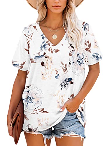 MOLERANI Damen T-Shirts Kurzarm V-Ausschnitt Sommer Tops Lässig Lose T-Shirt Floral Weiß Größe S von MOLERANI