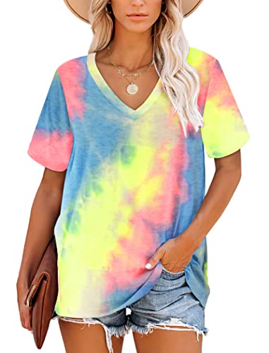 MOLERANI Damen T-Shirts Kurzarm V-Ausschnitt Sommer Tops Lässig Lose T-Shirt Regenbogen Größe S von MOLERANI