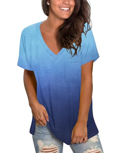 MOLERANI Locker sitzende Tops für Frauen Kurzarm T-Shirts mit V-Ausschnitt Sommer-T-Shirts Farbverlauf Blau L von MOLERANI
