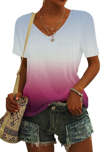 MOLERANI Locker sitzende Tops für Frauen Kurzarm T-Shirts mit V-Ausschnitt Sommer-T-Shirts Farbverlauf Grau Rosa S von MOLERANI
