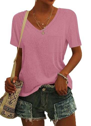 MOLERANI Locker sitzende Tops für Frauen Kurzarm T-Shirts mit V-Ausschnitt Sommer-T-Shirts Helles Rosa 2XL von MOLERANI