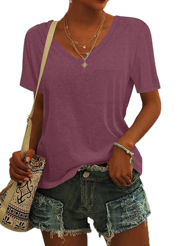 MOLERANI Damen T-Shirts V-Ausschnitt Kurzarm Tops Basic T-Shirts Loose Casual Wine Red M von MOLERANI