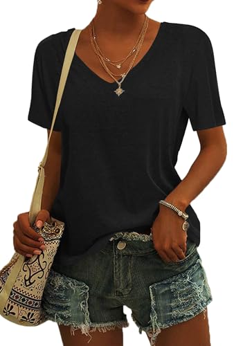 MOLERANI Damen T-Shirts mit V-Ausschnitt Plain Casual Tops Kurzarm Lose T-Shirts Schwarz XL von MOLERANI