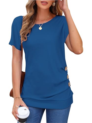 MOLERANI Damen lässige Kurzarm-Tunika-T-Shirt mit rundem Hals und Lockerem Tunika-Oberteil (Blau, XL) von MOLERANI