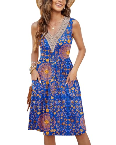 MOLERANI Frauen Sommer Kleid Ärmellos Spitze V-Ausschnitt Casual Kleider Botton Down Elastische Taille Swing Kleid mit Tasche Blaue Blumen XL von MOLERANI