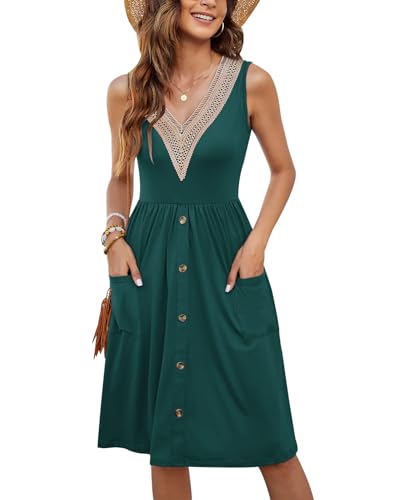 MOLERANI Frauen Sommer Kleid Ärmellos Spitze V-Ausschnitt Casual Kleider Botton Down Elastische Taille Swing Kleid mit Tasche Dunkelgrün XL von MOLERANI