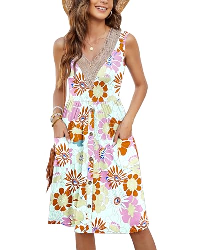 MOLERANI Frauen Sommer Kleid Ärmellos Spitze V-Ausschnitt Casual Kleider Botton Down Elastische Taille Swing Kleid mit Tasche Floral Orange Rosa XL von MOLERANI