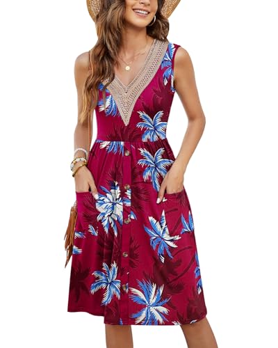 MOLERANI Frauen Sommer Kleid Ärmellos Spitze V-Ausschnitt Casual Kleider Botton Down Elastische Taille Swing Kleid mit Tasche Roter Baum XL von MOLERANI