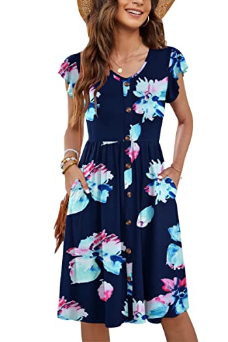 MOLERANI Frauen Sommer Kleider Rüschen Ärmel V-Ausschnitt Casual Swing Elastische Taille Midi Kleid mit Taschen Blumen Navy Pink 2XL von MOLERANI