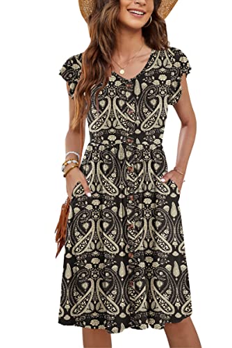 MOLERANI Frauen Sommer Kleider Rüschen Ärmel V-Ausschnitt Casual Swing Elastische Taille Midi Kleid mit Taschen Plain Paisley Floral Schwarz S von MOLERANI