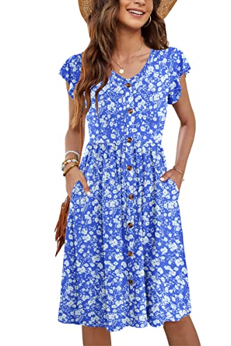 MOLERANI Freizeit Kleider Damen Rüschen Ärmel V-Ausschnitt Casual Swing Elastische Taille Midi Kleid mit Taschen Blau Weiß Floral 2XL von MOLERANI