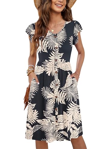 MOLERANI Freizeitkleider Damen Sommer Rüschen Ärmel V-Ausschnitt Casual Locker Swing Elastische Taille Midi Kleid mit Taschen Frischeste Blatt S von MOLERANI