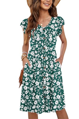 MOLERANI Freizeitkleider Damen Sommer Rüschen Ärmel V-Ausschnitt Casual Locker Swing Elastische Taille Midi Kleid mit Taschen Green Diasy M von MOLERANI