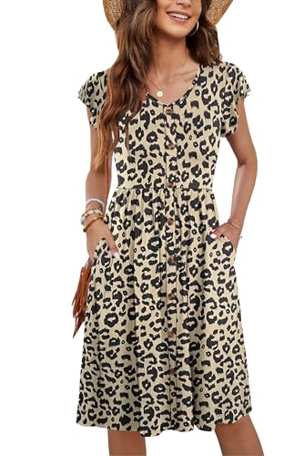 MOLERANI Freizeitkleider Damen Sommer Rüschen Ärmel V-Ausschnitt Casual Locker Swing Elastische Taille Midi Kleid mit Taschen Leopard S von MOLERANI