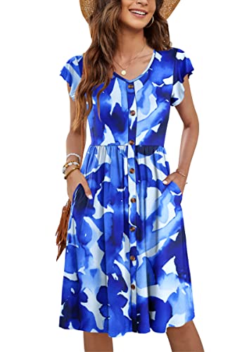 MOLERANI Freizeitkleider Damen Sommer Rüschen Ärmel V-Ausschnitt Casual Swing Elastische Taille Midi Kleid mit Taschen Plain Ink Blau L von MOLERANI