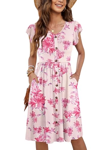 MOLERANI Freizeitkleider Damen Sommer Rüschen Ärmel V-Ausschnitt Casual Swing Elastische Taille Midi Kleid mit Taschen Rosa Blume L von MOLERANI